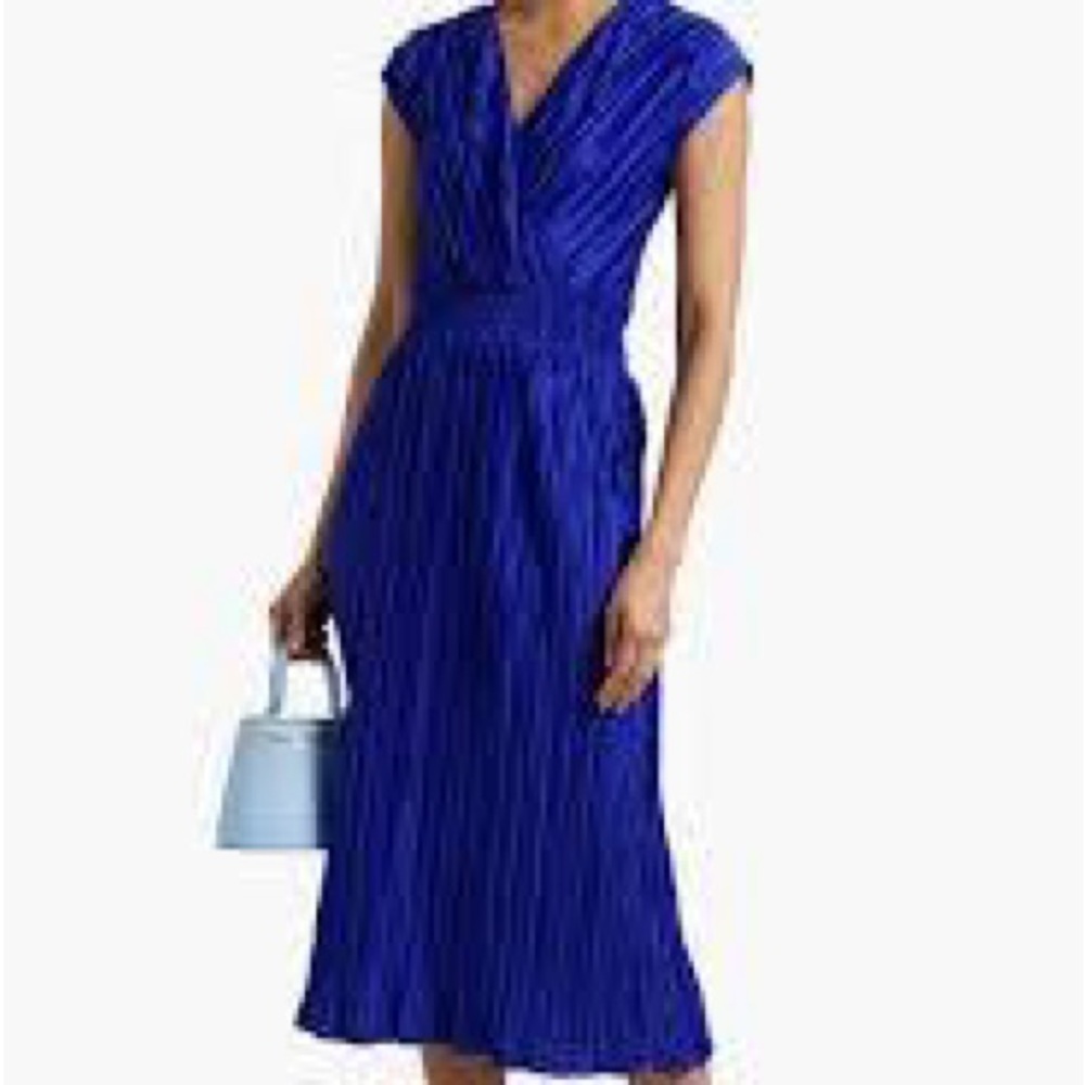 DKNY Cobalt Blue V-Neck Pleated Midi Dress